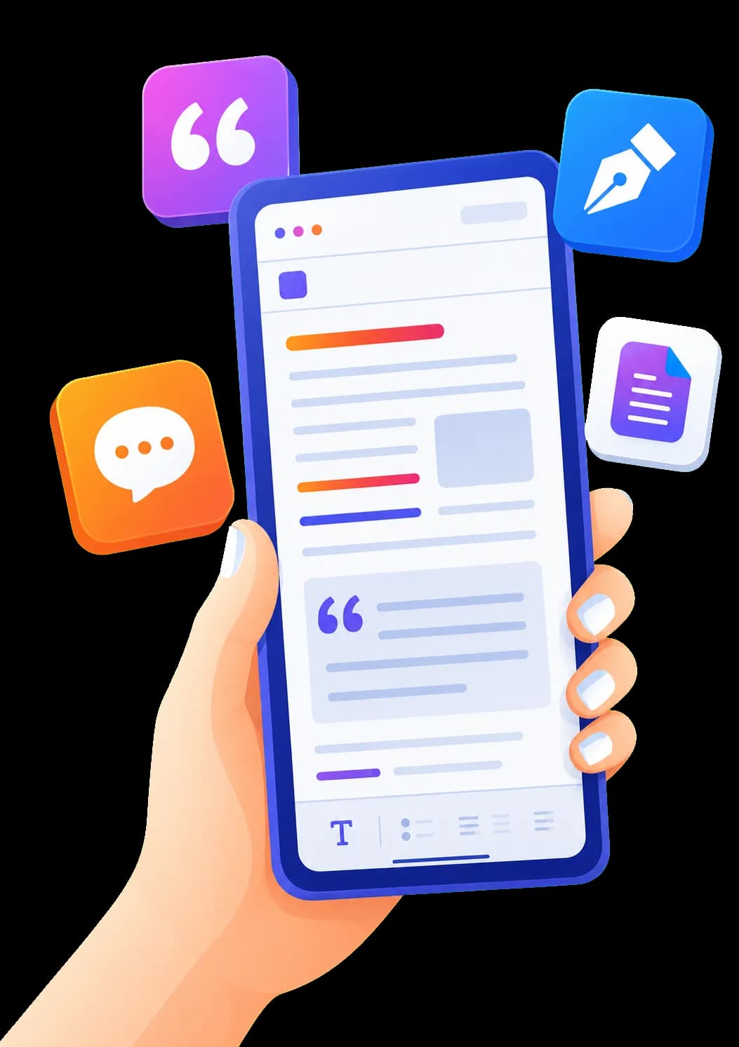 Illustrated digital writing tablet surrounded by messaging tools