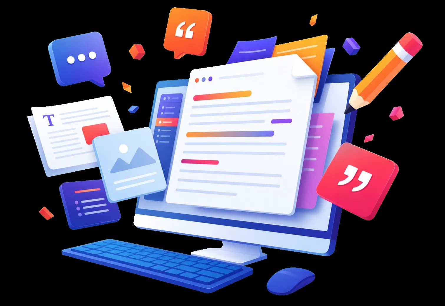 Illustrated editorial workspace with floating copywriting elements