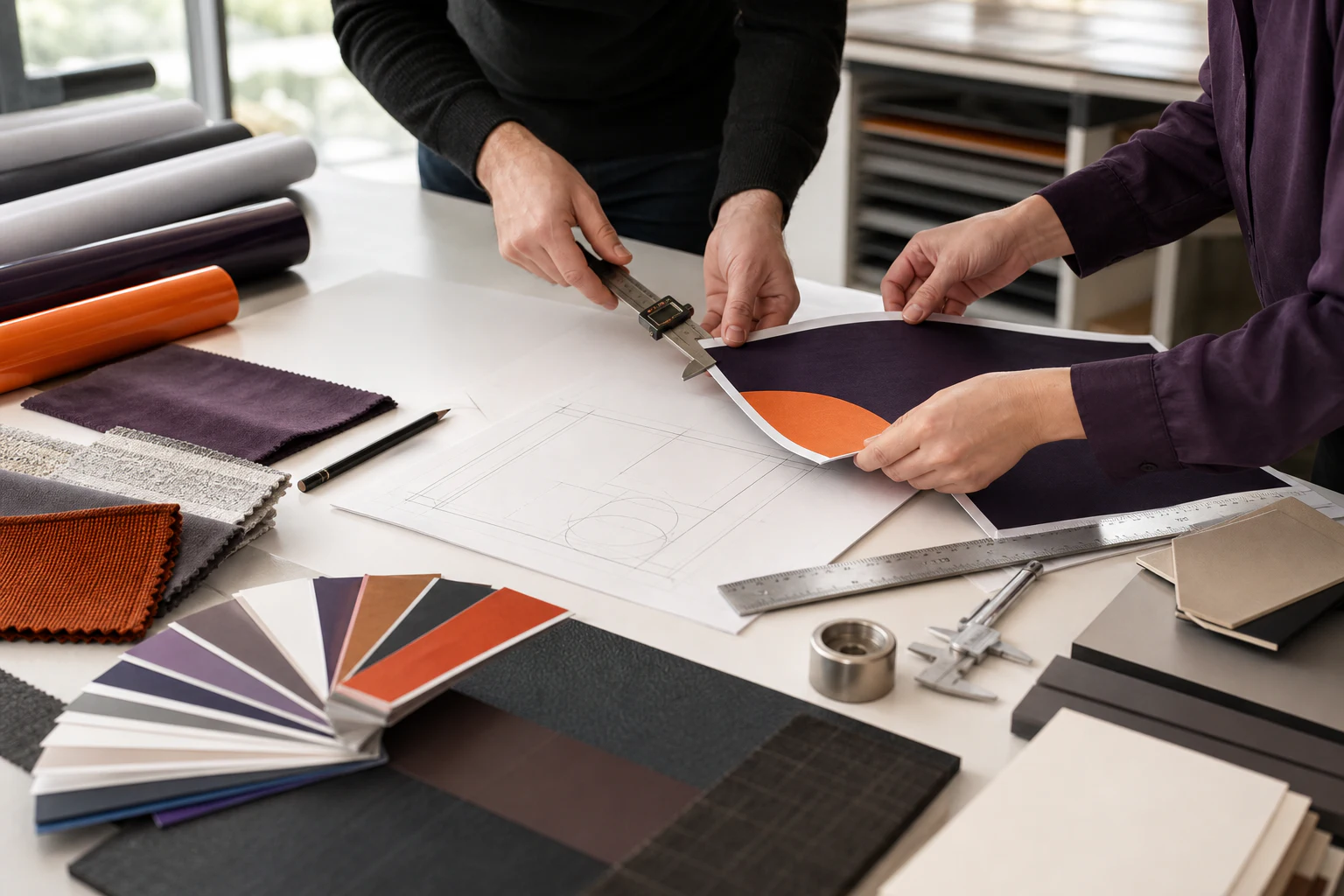 Print specialists measuring a sample and comparing production materials