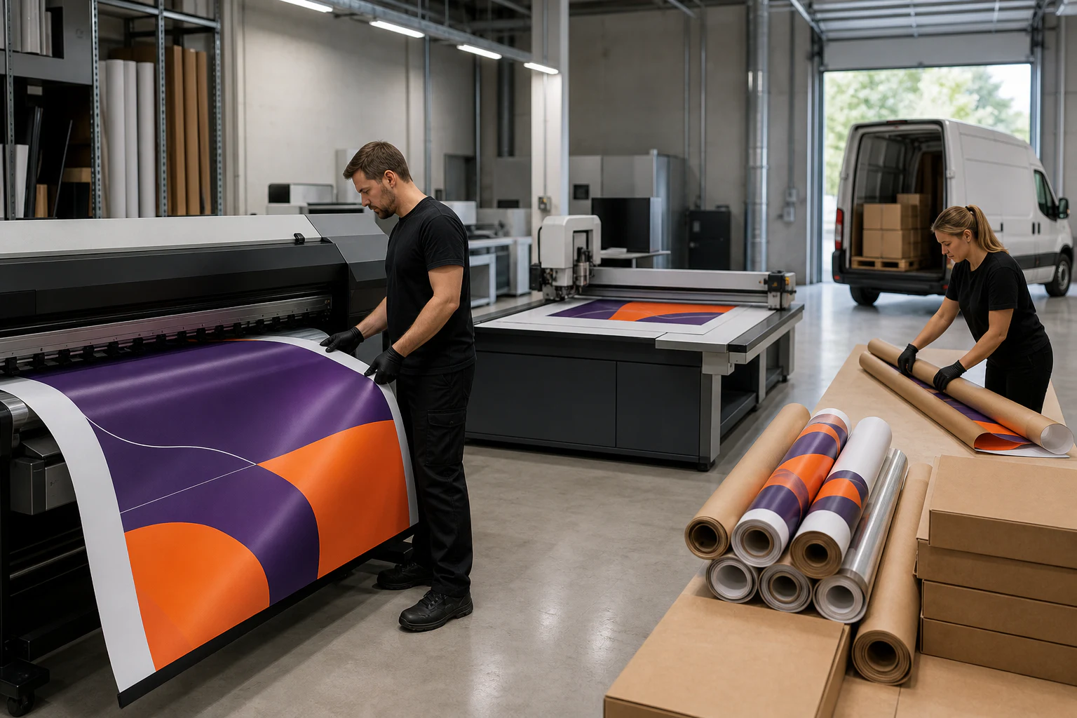Large-format printing, finishing, packing, and delivery preparation